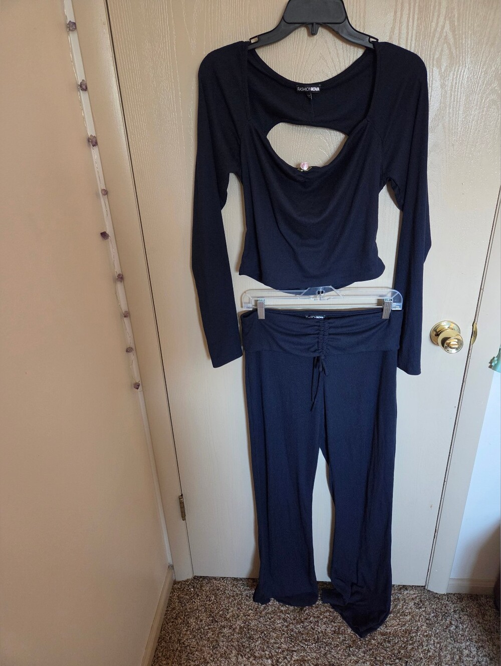 Fashion Nova 2 Piece Set Ribbed Blue Flare Leggings And Cropped Blouse xl